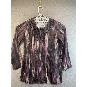 Chico's‎ Women Pullover Tunic Sheer  Purple Metallic V-Neck Beading at Collar 0